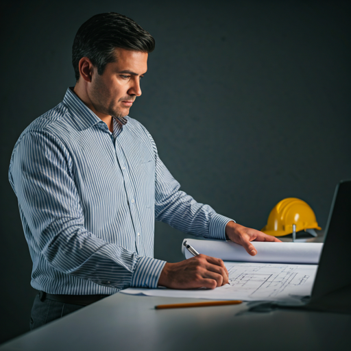 Professional architect looking at structural blueprints
